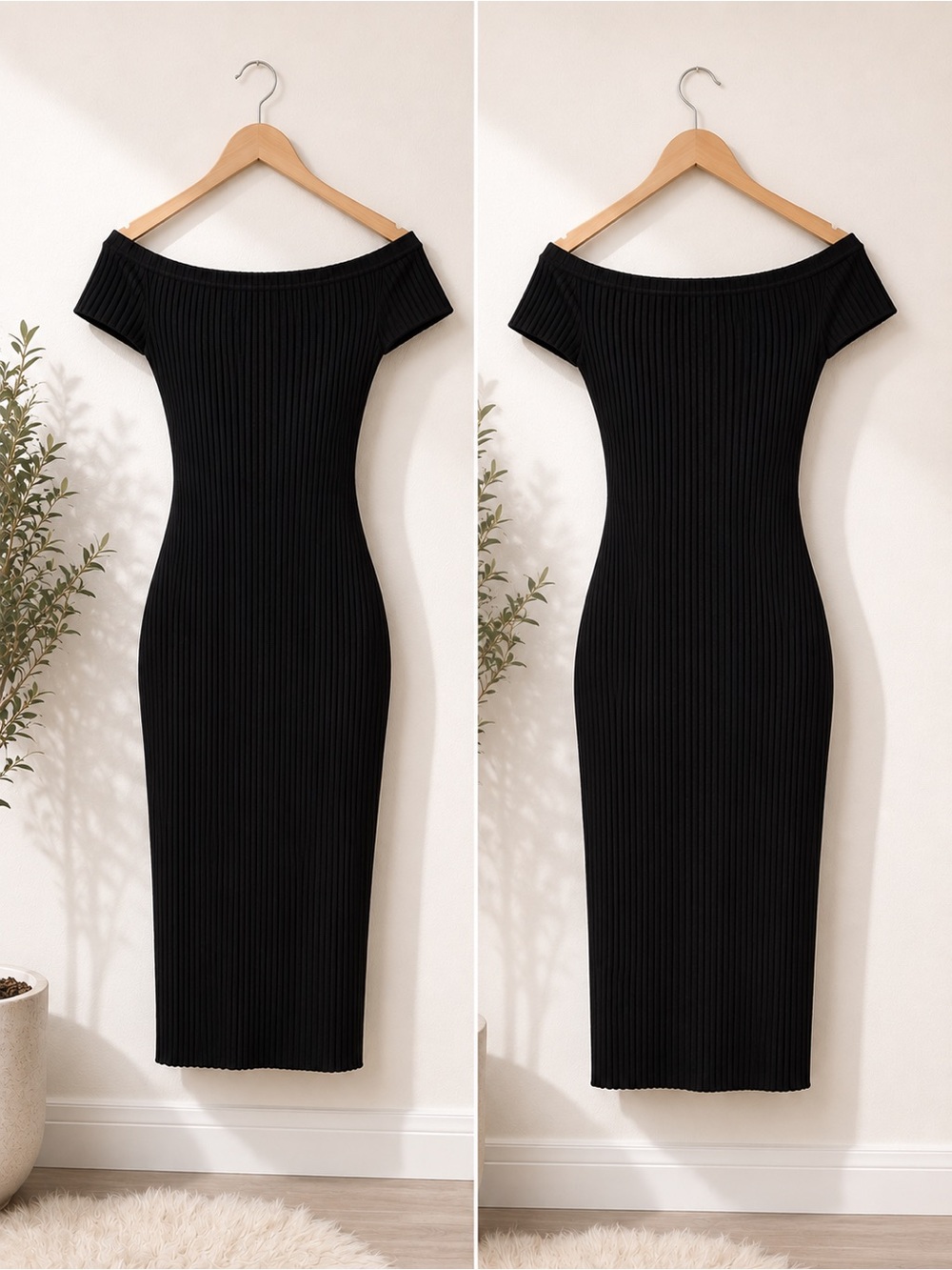 Forever 21 Black Off-Shoulder Ribbed Midi Dress